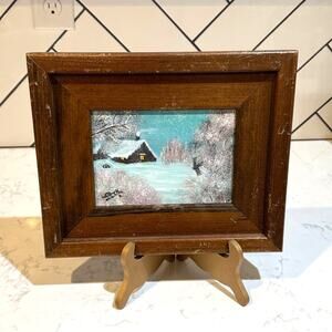 Vintage 70s signed winter cabin wood framed painting rustic country cozy winter